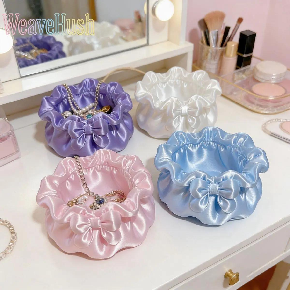 Light Luxury Petal Bow Decor Jewelry Storage Bowl - Girly Aesthetic Desktop Vanity Organizer, Cute Women's Trinket Tray, Ideal Birthday Gift for Bedroom Dressing Table (DIY Bag Accessory), Round, Cute Women Decor, Room Decor, Floral Diy Bag Accessories