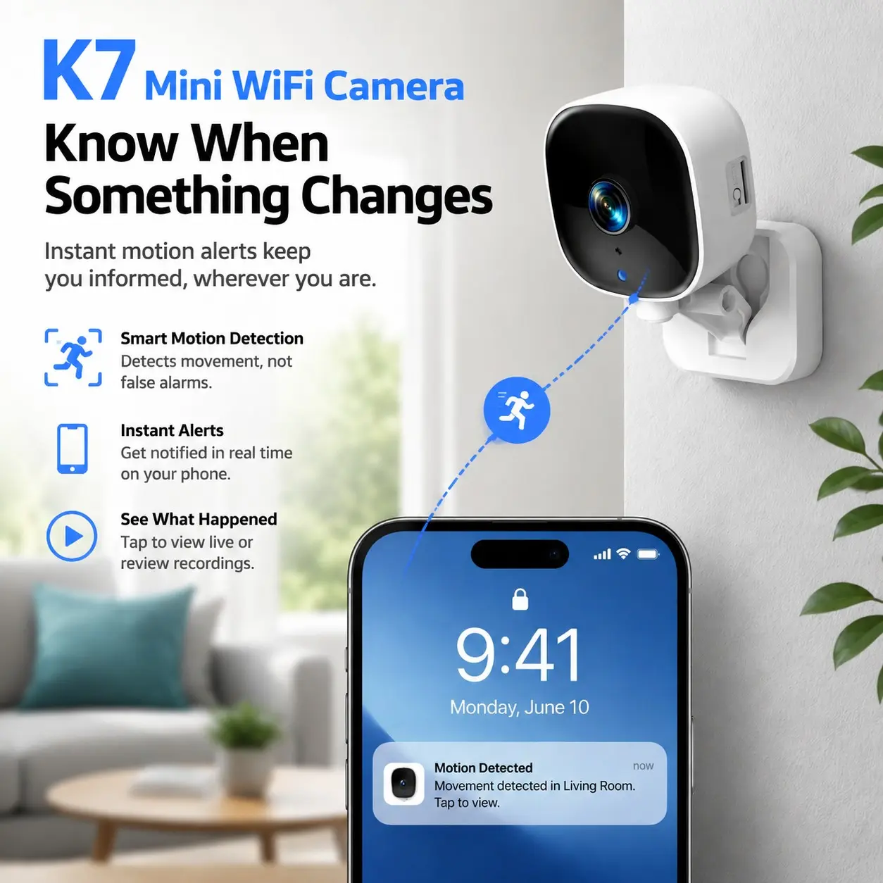 Livpet K7 Mini WiFi Camera, Remote Viewing Via Phone APP, Motion Detection, Night Vision, Flexible Installation, Ideal for Indoor Activities & Pets