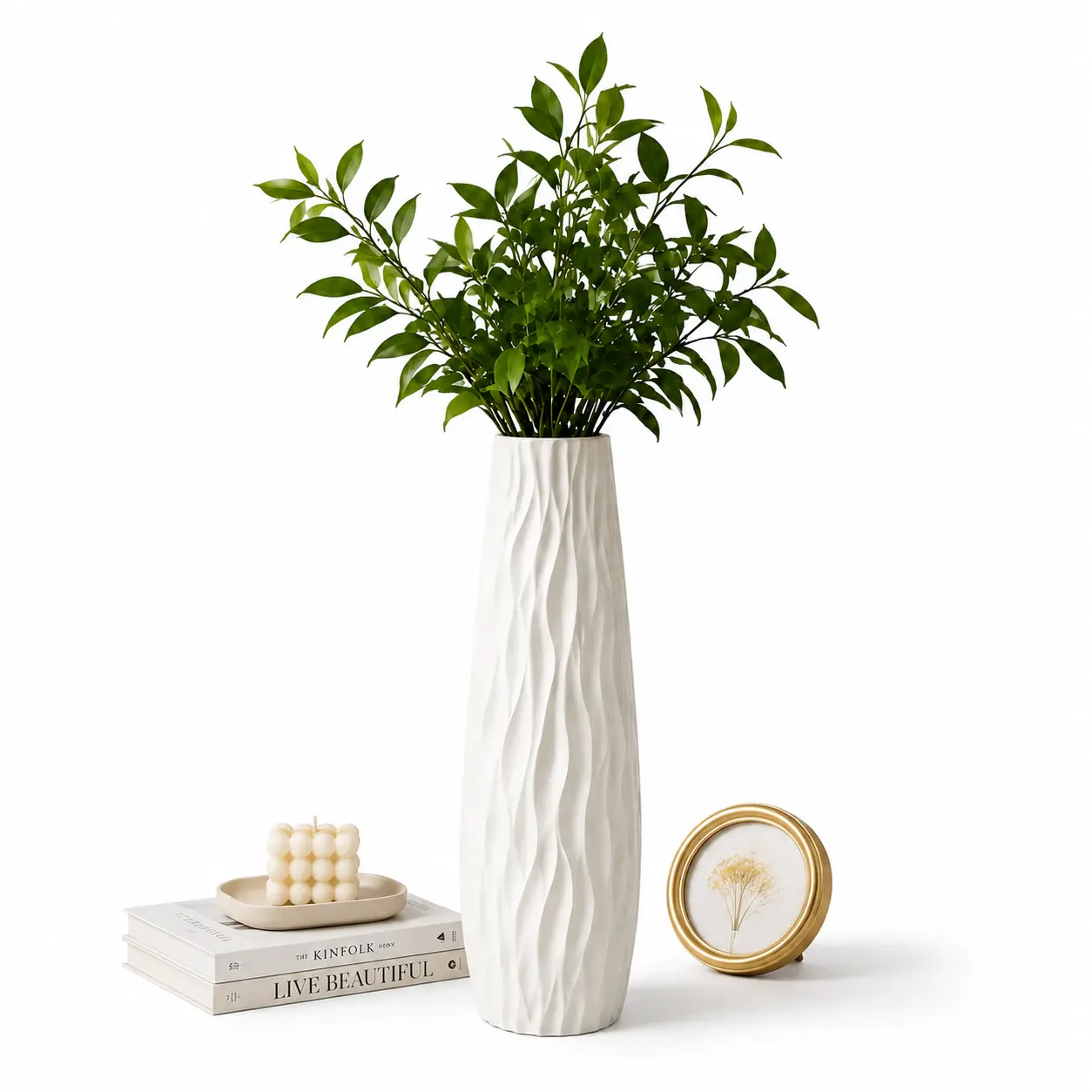 58cm Plastic White Wavy Textured Floor Vase, Modern Tall Standing Vase for Dry Branches, Home Decor for Living Room & Entrance