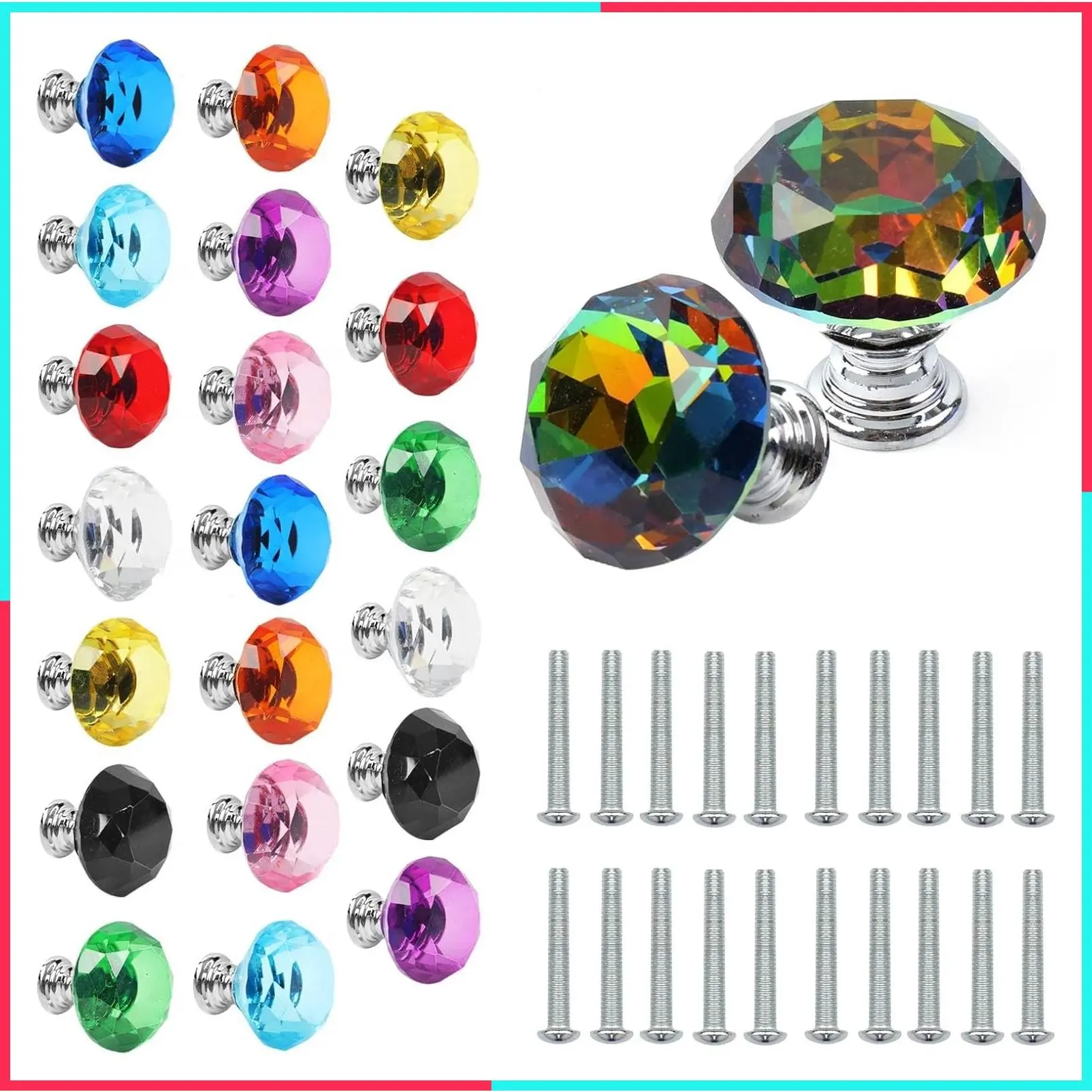 22 Pack Colorful Crystal Drawer Knobs, 30mm Glass Dresser Knobs Diamond Shape Cabinet Pulls Handles for Wardrobe Kitchen Bathroom Cupboard, 11 Colors