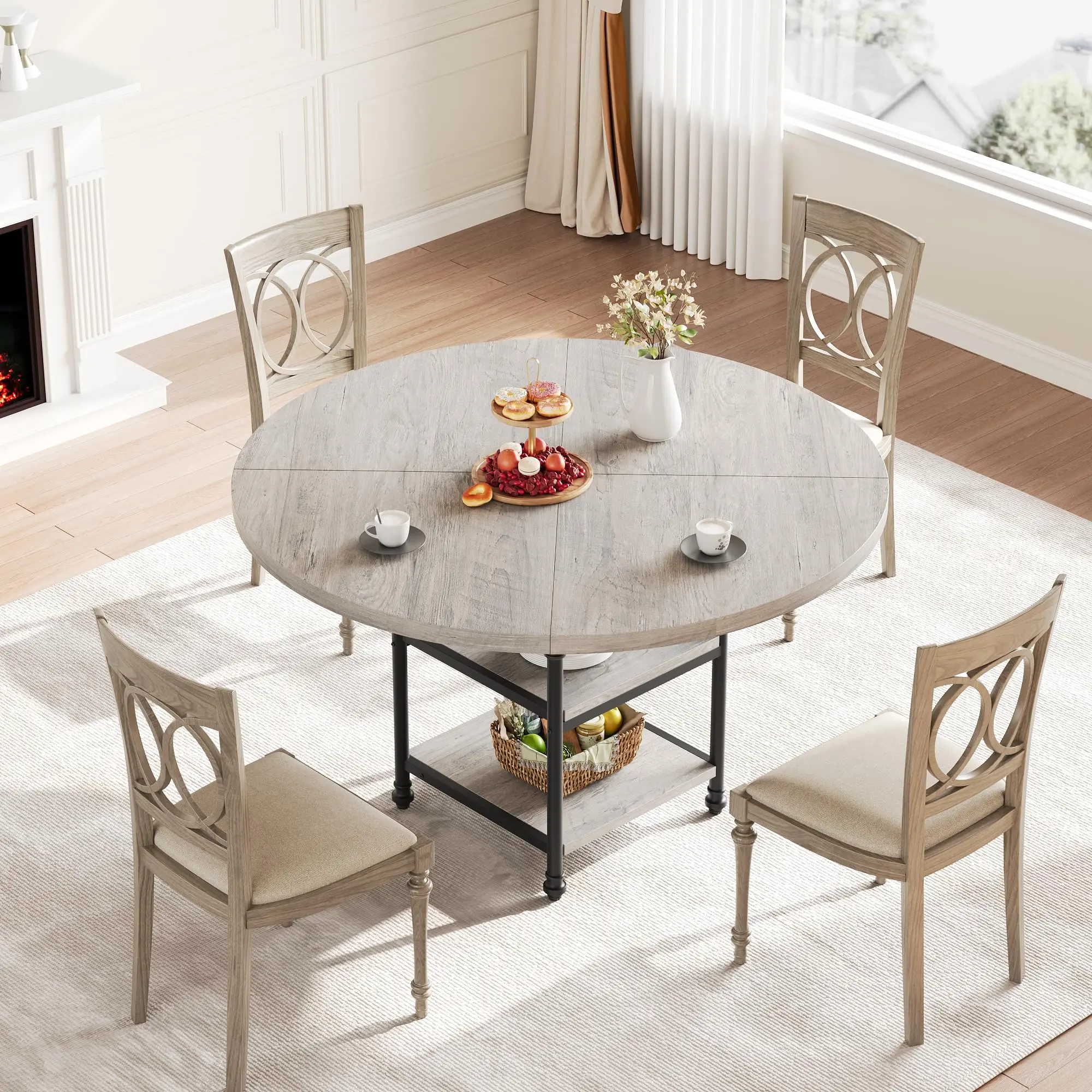 Garvee 47.2" Round Dining Table for 4 People, 1.6 in Thick Wooden Top & Metal Roman Column Legs, Round Kitchen Table 3-Layer Storage Shelves for Dining Room, Kitchen, Grey