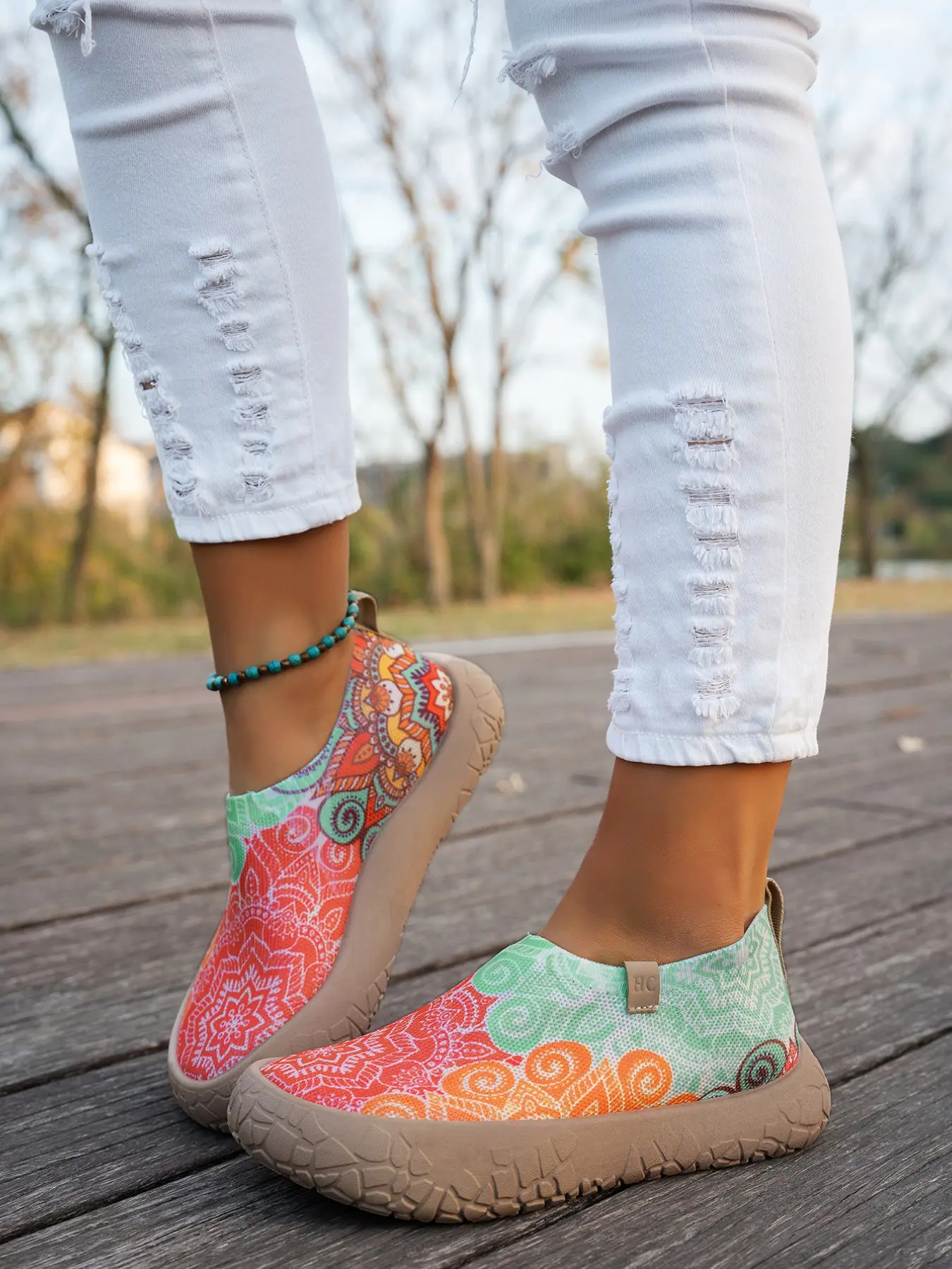 Boho Mandala Ethnic Print Slip-On Women's Shoes, Breathable Summer Footwear, Hollow Out Breathable Mesh, Anti-Slip Thick Sole, Casual Summer Beach Commute Sneakers, Breathable Slip Ons