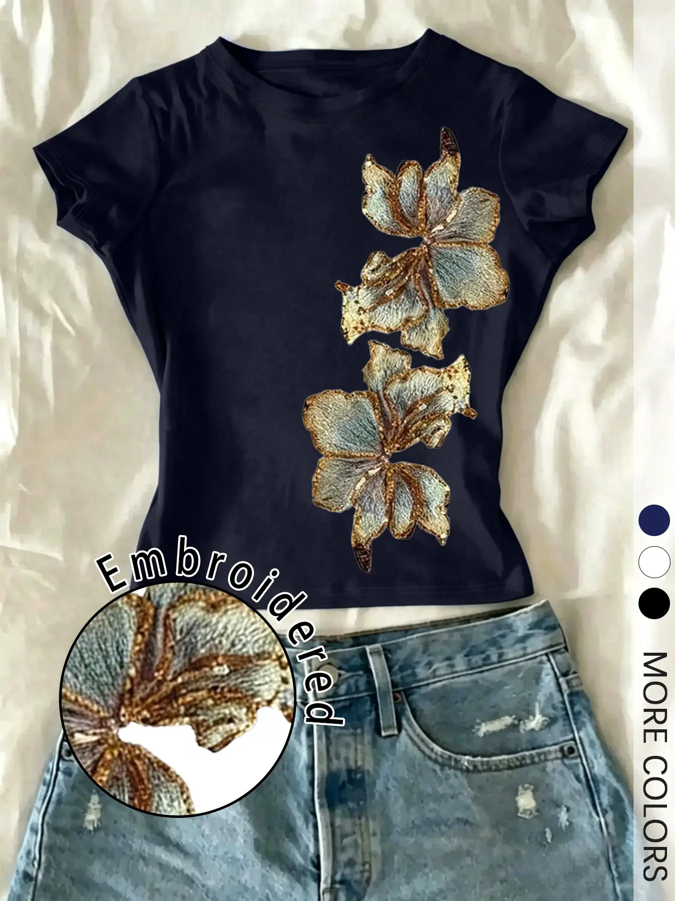 Women's Regular Fit T-Shirt, Floral Embroidered Detail, Casual Everyday Style Top, Short For Daily Wear