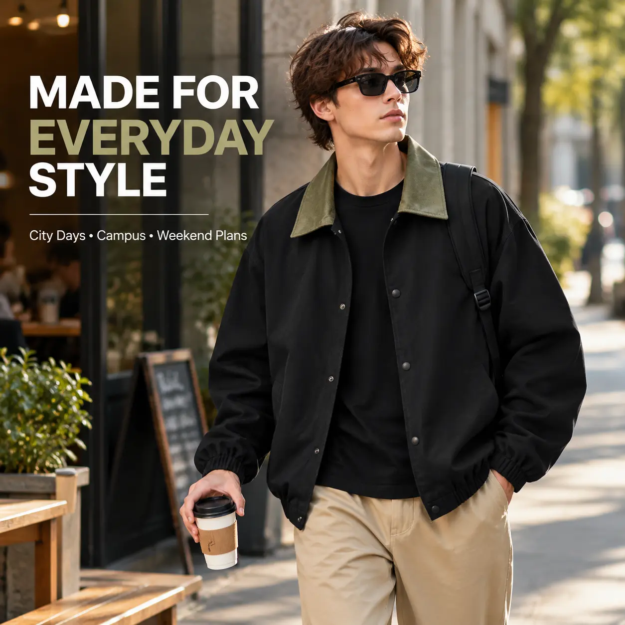 Men's Contrast Collar Snap-Button Jacket, Oversized Relaxed Fit Coach Jacket with Olive Green Collar, Minimalist Streetwear Outerwear for Casual Daily Wear, Campus, Travel and Layering