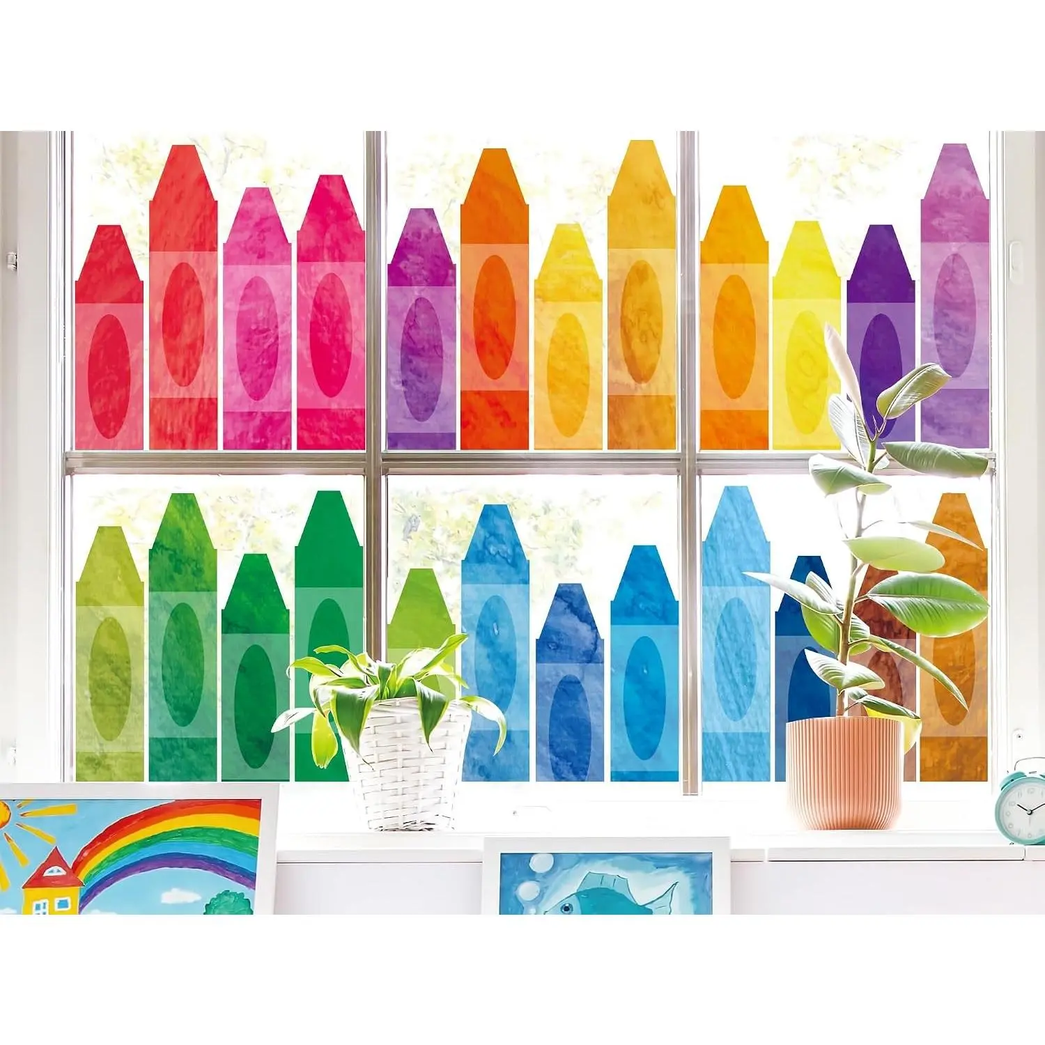 9 Sheets Back to School Window Clings, Colorful Crayon Pattern Double-Sided Watercolor Window Stickers for Classroom Home Glass Blackboard Decor