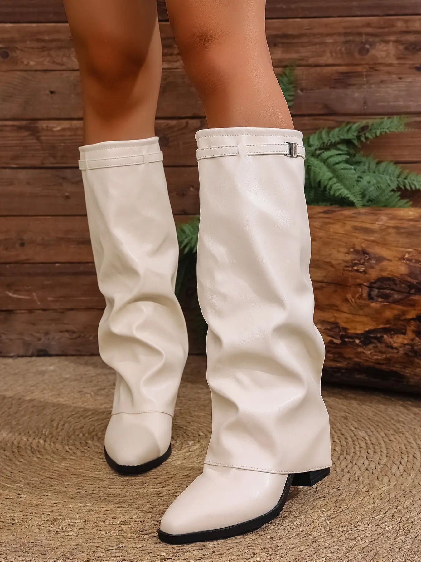 Women's Shiny Stack Boots, Pointed Toe High Top Boots, Retro American Style, Urban Minimalist, Casual Fashion, Party Streetwear