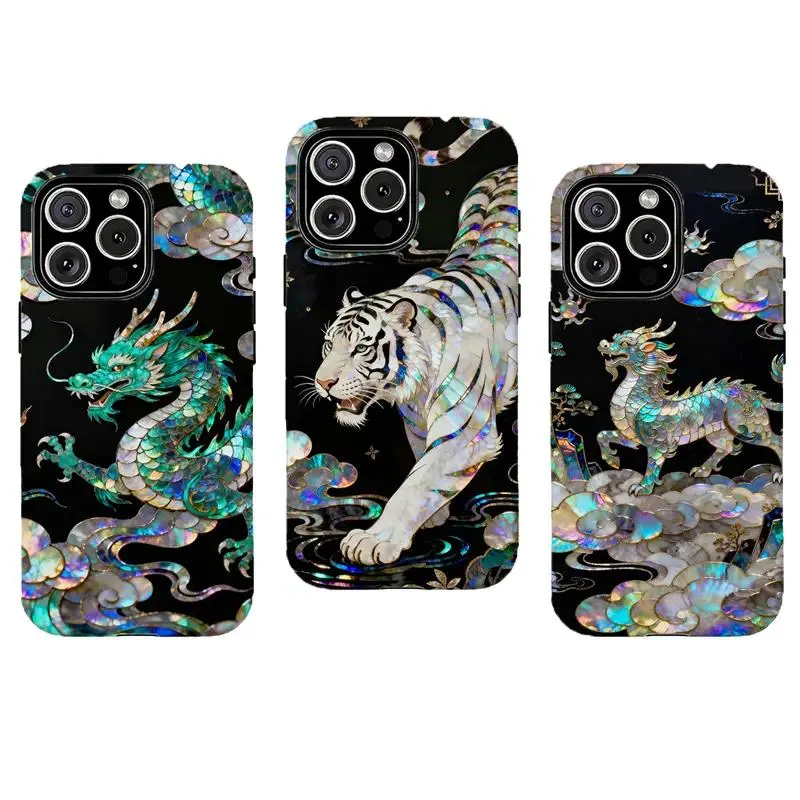 Iridescent Mother Of Pearl Dragon Tiger Qilin Phone Case Suitable for iPhone 17-11 Pro Max/Plus and  Samsung Galaxy S23-25