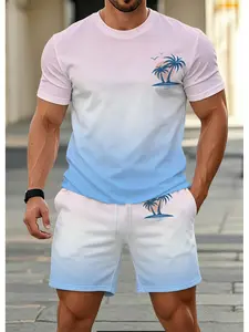 Teen & Adult Men Ombre Pink Blue Palm Sunset Print 2 Piece Outfit, Micro Elastic Soft Crew Neck Tee & Drawstring Gradient Shorts, Loose Co Ord Set for Beach Vacation Pool Party, Viral Summer Men Holiday Tracksuit Trend 2026