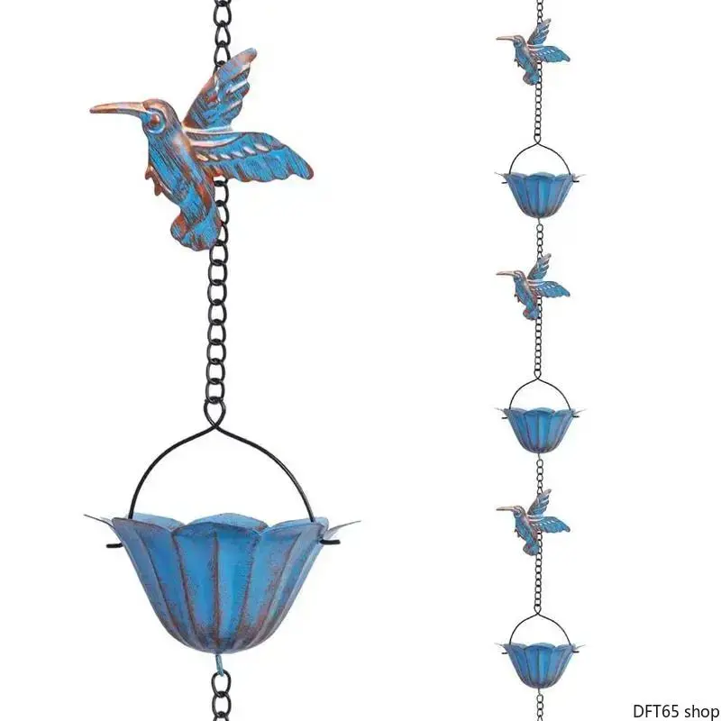 Vintage Hummingbird Sculpture Metal Rain Chain Complete Downspout Diverter Set Weatherproof Solid Iron Craft For Yard Lawn Outdoor Landscape Unique Animal Style Water Collecting Long Lasting Garden Decor Accessory