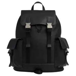 COACH Clark 33 Drawstring and Snap-Clasp Leather Backpack – Unisex Large Size in Black