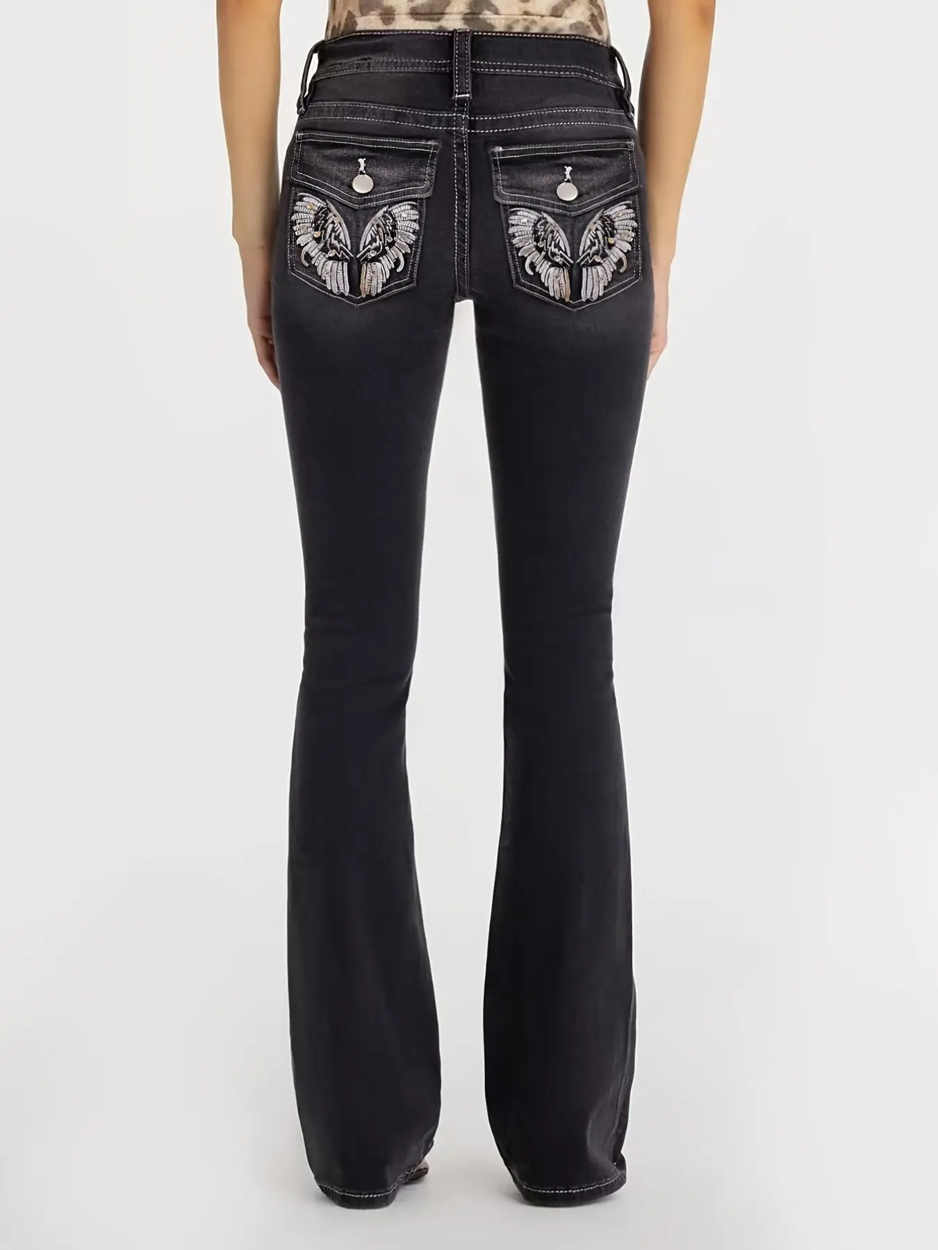 Low Rise Distressed Micro Flare Jeans for Women, Silver Color Wing Embroidery, Fashionable Western Retro Style, Versatile Long Pants