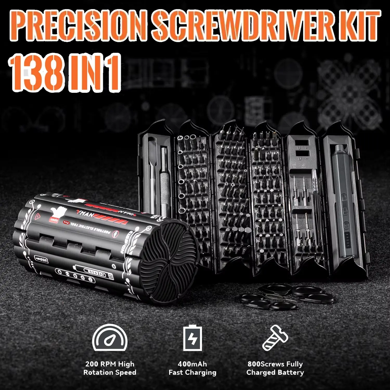 138-In-1 Precision Electric Screwdriver Set, High Torque LED Light, Strong Magnetic Bits, Portable Case, Cordless and Rechargeable, Ideal for DIY and Professional Use