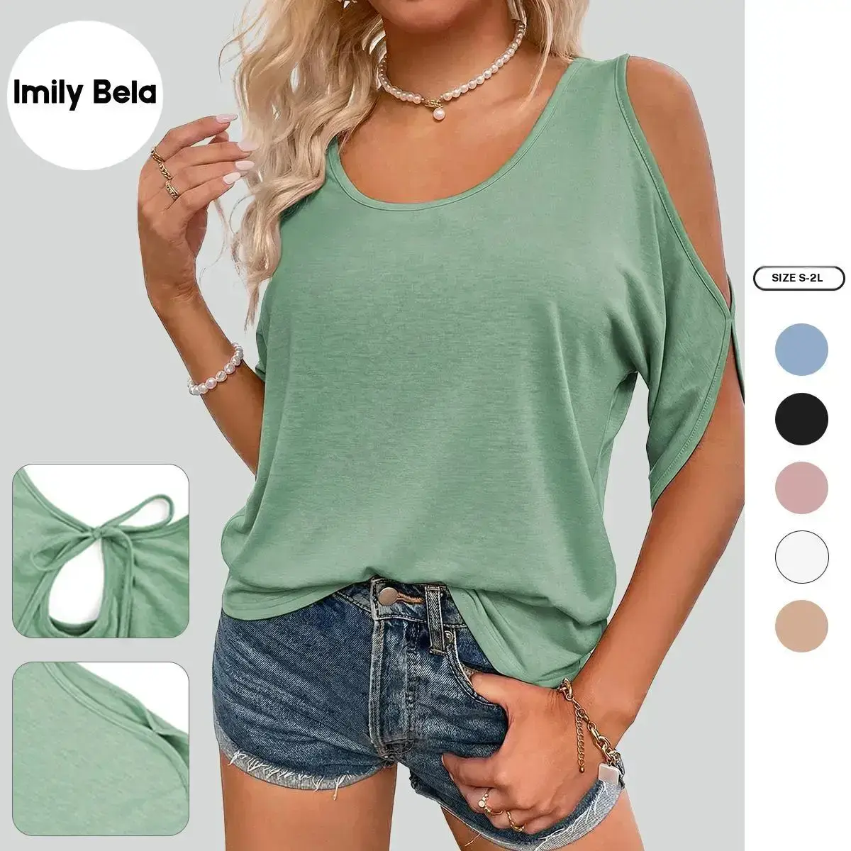 Imily Bela Women Cold Shoulder Tops Summer Short Sleeve Shirt Scoop Neck Tee Casual Loose Fitting Solid Color Tunic Top