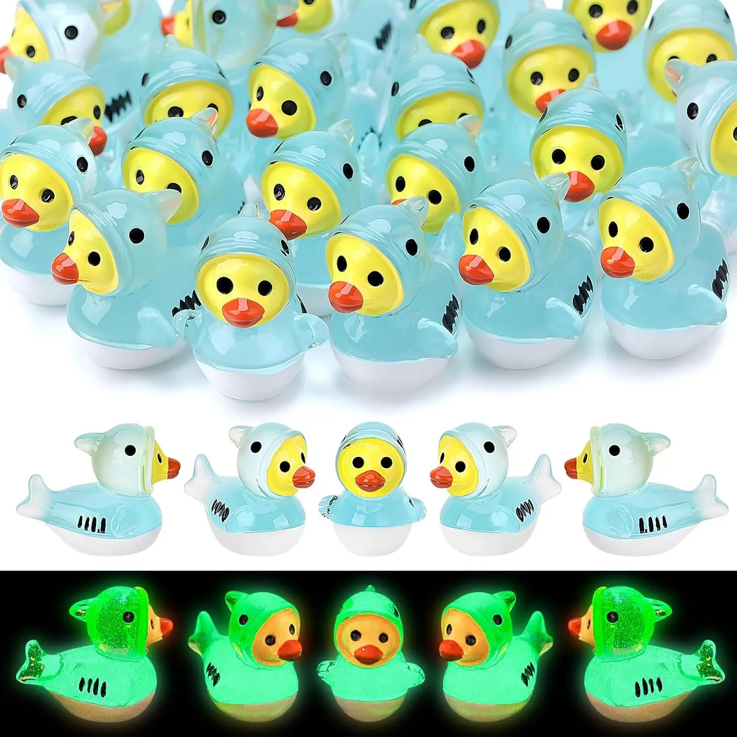 30 Pcs Luminous Shark Ducks, Mini Shark Resin Ducks Bulk | Glow in The Dark Toy Figurines for Birthday Party Favors Landscape Aquarium Decor (Glowing Duck)