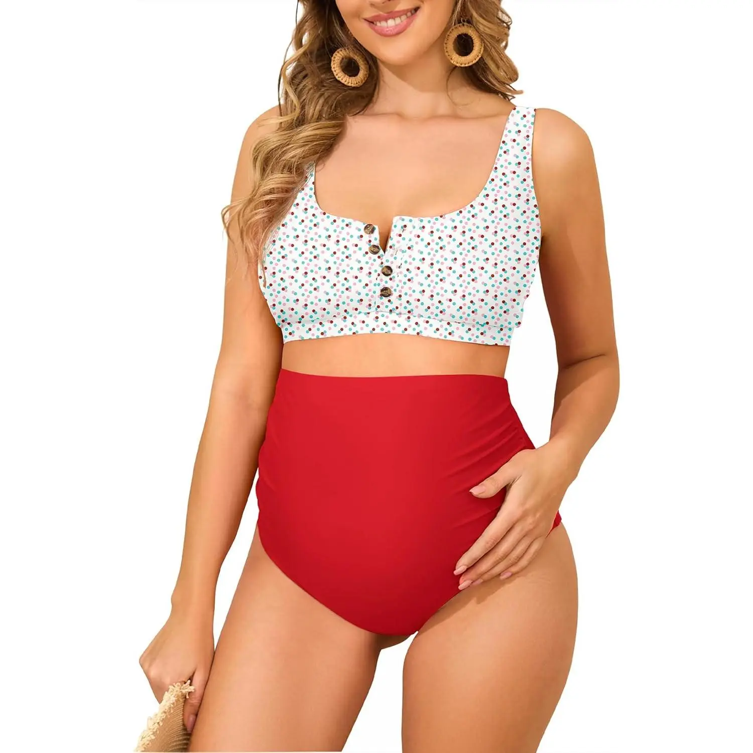 Maternity Swimsuits for Women, Plain Sleeveless Wrap Bikini 2 Piece Set with High Waisted Bottoms and Button Detail, Two Piece Set, Above The Knee