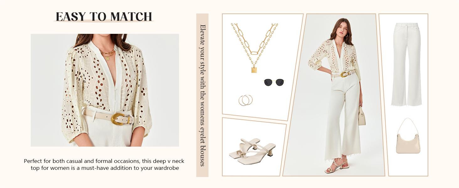 Imily Bela Womens Deep V Neck Eyelet Blouses Tops Dressy Casual 3/4 Balloon Sleeve Cotton Button Down Shirts