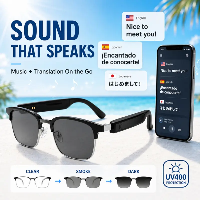 Smart Glasses Bluetooth 5.4 Audio Eyeglasses Photochromic UV400 Blue Light Blocking Lenses Touch Control Open Ear Mic Real Time Translation 164 Languages Hands Free Call Navigation Driving Travel Daily Work Entertainment