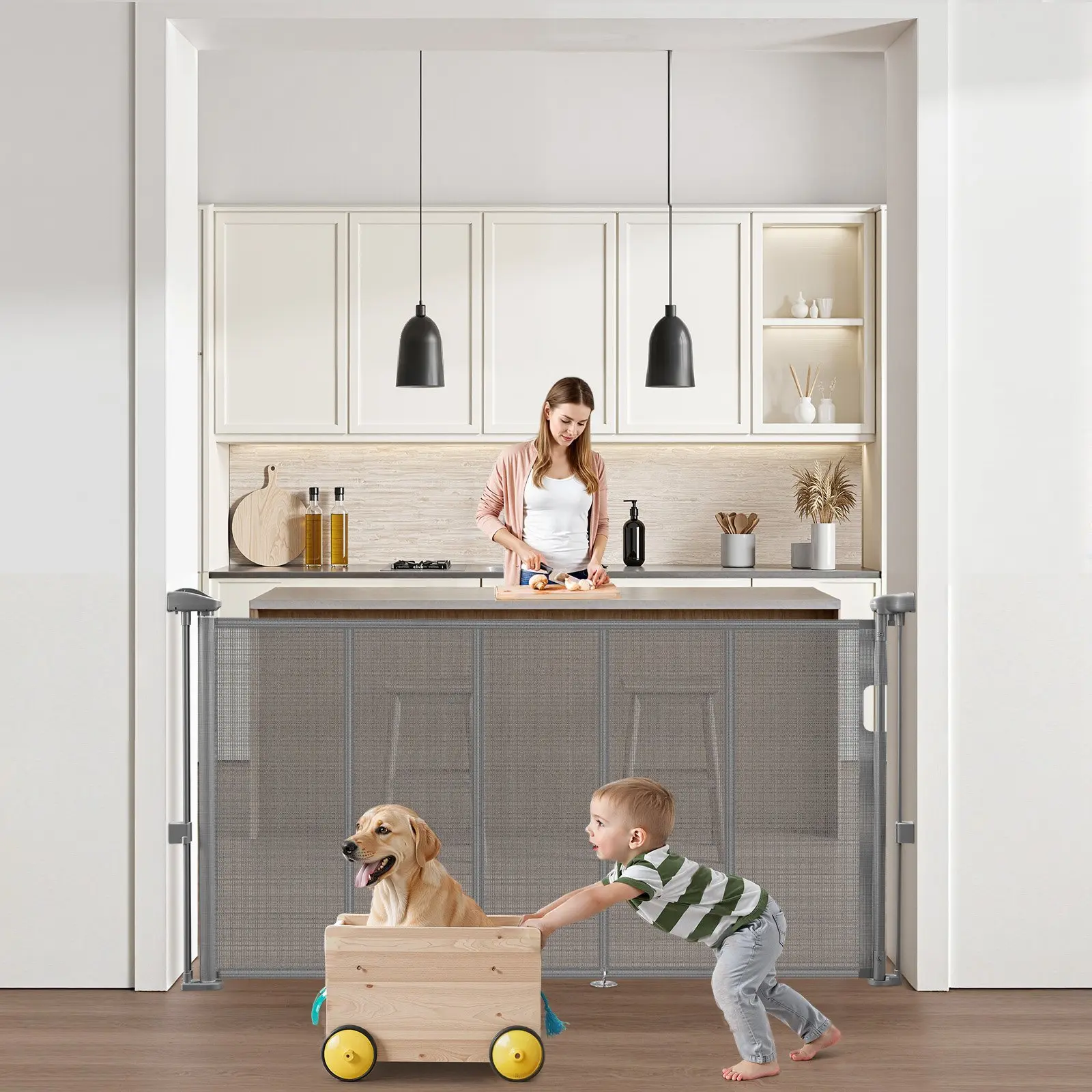 VEVOR Mesh Indoor Safety Retractable Gate, 34 in Tall, Extends up to 55 in Wide, 1-Handed Operation, Easy to Install for Stairs, Doorways, for Kids, Gray, 55 Inch, Height 34"