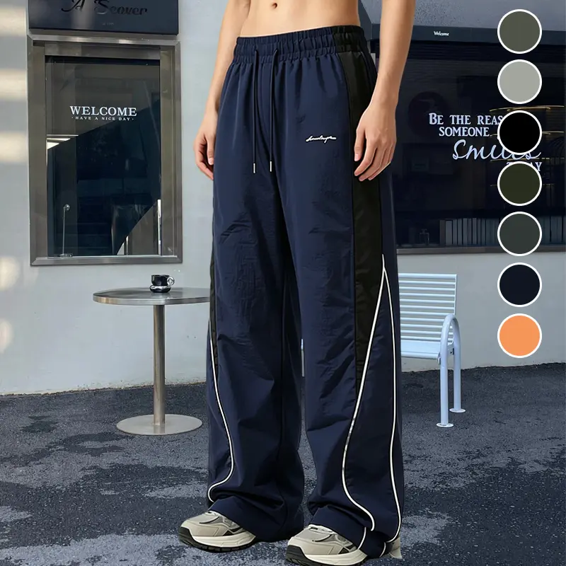 Men's Contrast Black Side Reflective White Piping Line 2-Wear Quick Dry Parachute Wide Leg Pants, Elastic Dual Drawstring High Waist Convertible Cuff Floor-Length Straight Trousers, Light Ice Cool Breathable Draped Casual Athletic Pants, American Street T
