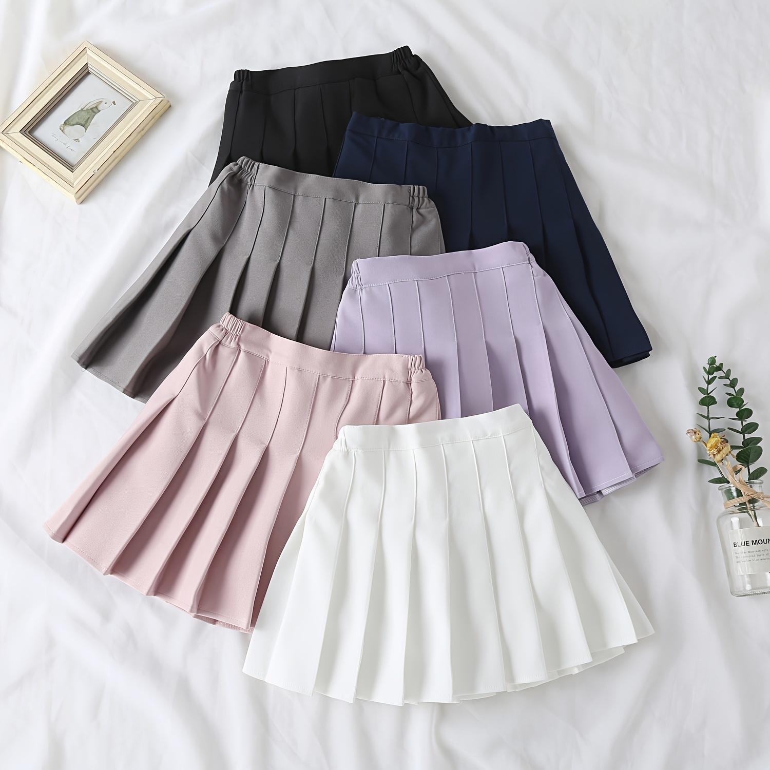 Girls' Pleated Skirt with Safety Shorts, Solid Color School Uniform Style