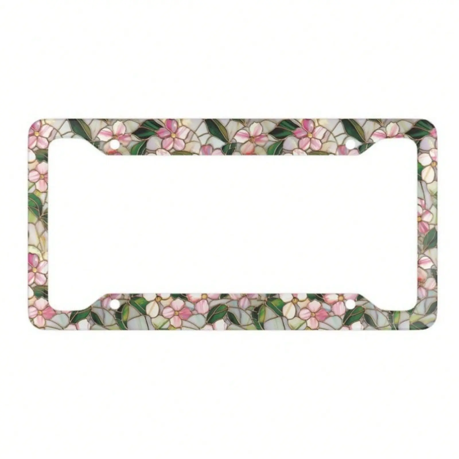 Floral Pattern Stained Glass Aluminum License Plate Frame - 12x6 in Auto Tag Holder with Screws, Pink White Flower Vehicle Decor for Cars, SUVs, Truck, Accessories for Car