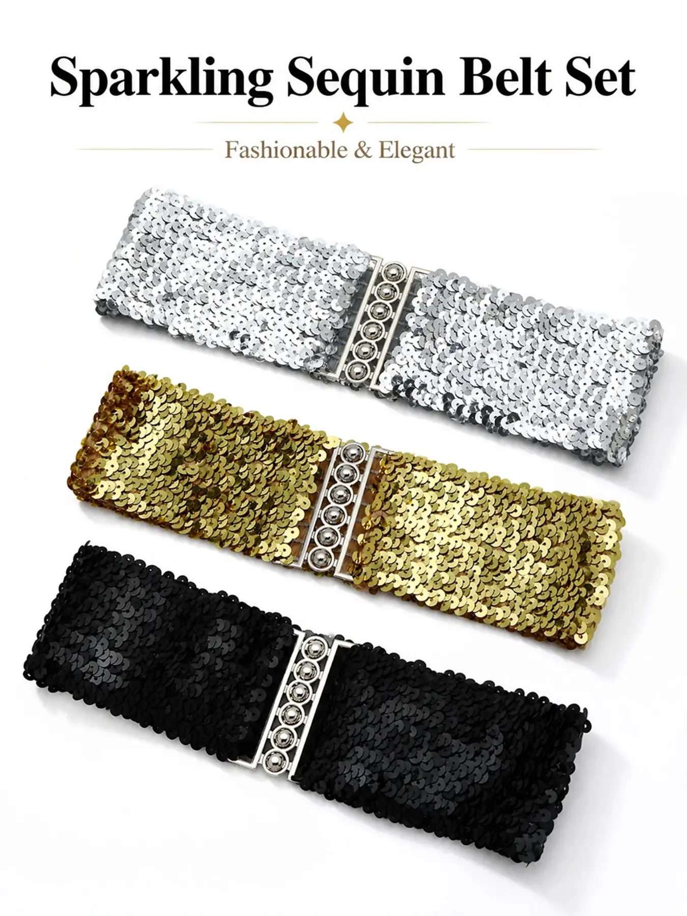 Sequin Wide Belt 3-Pack – Silver/Gold/Black, Stretchy Waistband with Metal Buckle. Sparkling Dress Accessory