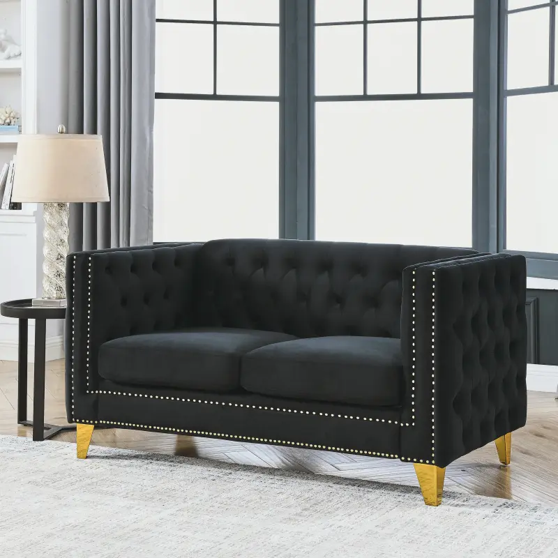 Chesterfield Loveseat Sofa,Velvet 2 Seat Modern Couch with Button Tufted & Nailhead Trim, Upholstered Deep Seat Couch, Comfy Small Sofa for Living Room, Bedroom, Apartment, Office(58"W, Black)