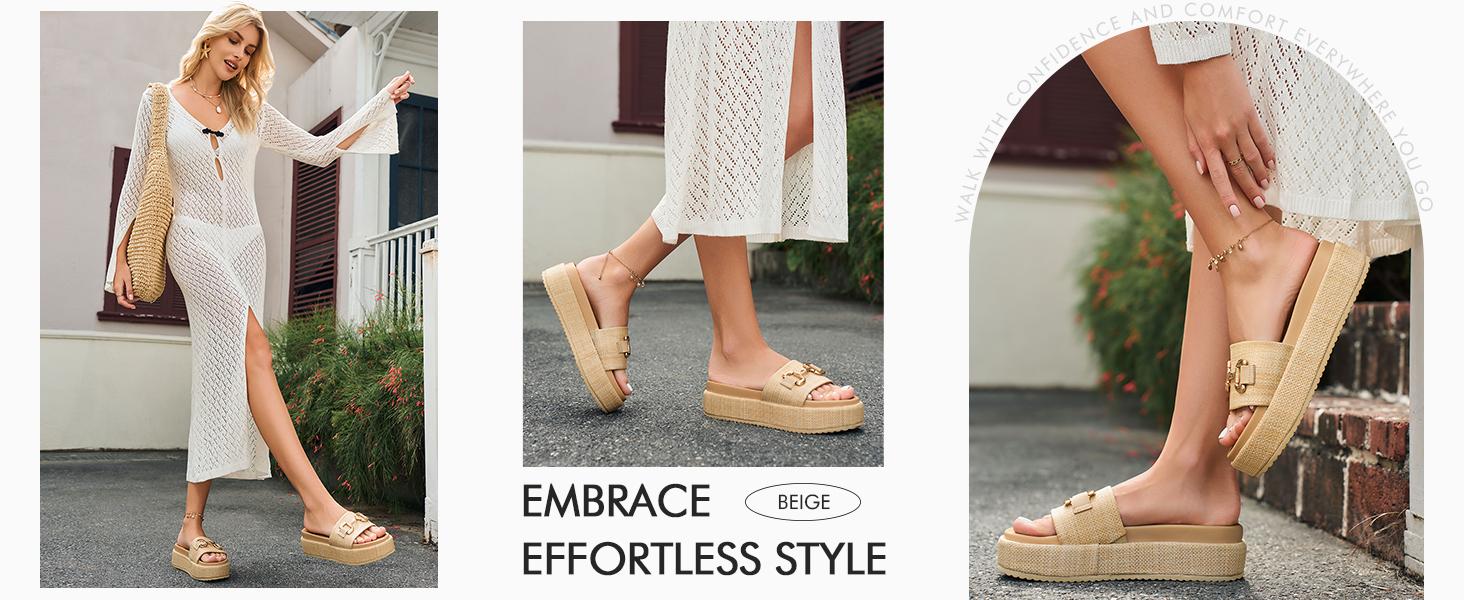 Coutgo Womens Platform Sandals Raffia Espadrilles Metal Chain Slip on Open Toe Cute Beach Slide Sandals