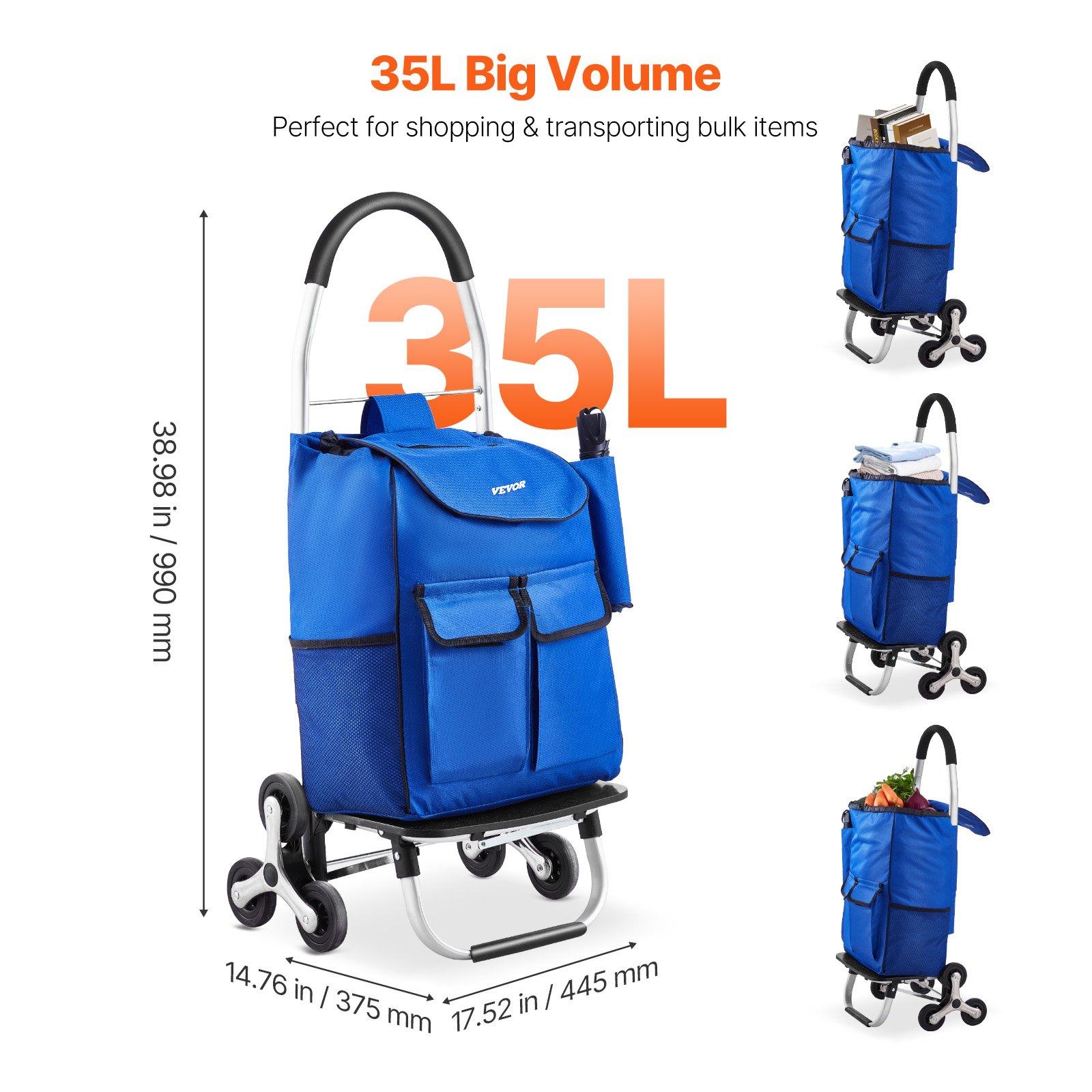 【Summerfinds】VEVOR Carbon Steel Stair Climber Trolley Dolly, 36L Foldable Compact Shopping Cart with 6 Wheels & Oxford Cloth Bag, Portable Transportation Cart with Storage Bin