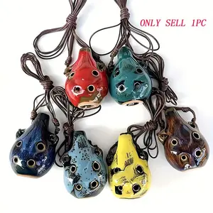 A Six-Hole Ceramic Ocarina - Vintage Style Six-Hole Mini Ocarina, Portable Mini Musical Wind Instrument with Adjustable Lanyard, Available in Purple/Red/Green/Blue/Yellow, Ideal for Music Lovers and Beginners