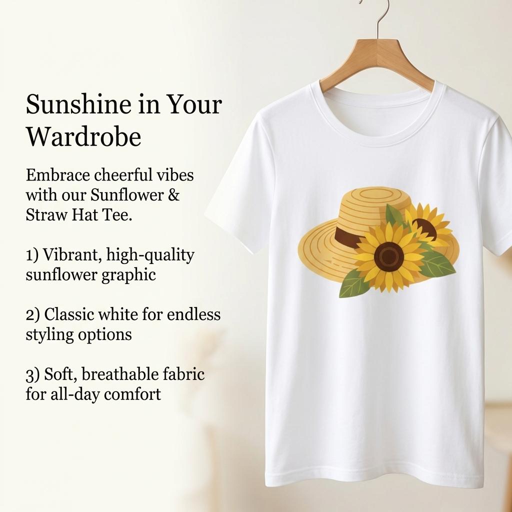 Sunflower Straw Hat Graphic T-Shirt for Women, Vintage Summer Floral Tee, Casual Vacation Top kinich