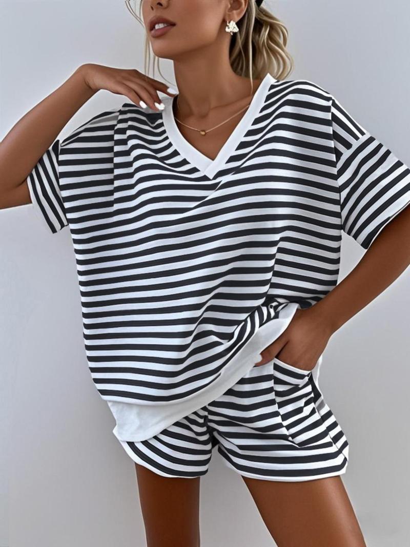 Women's Striped Print V Neck Tee & Shorts Loungewear Set, Casual Comfy Short Sleeve T-shirt & Shorts Set, Ladies Sleepwear for Summer Pajama Set