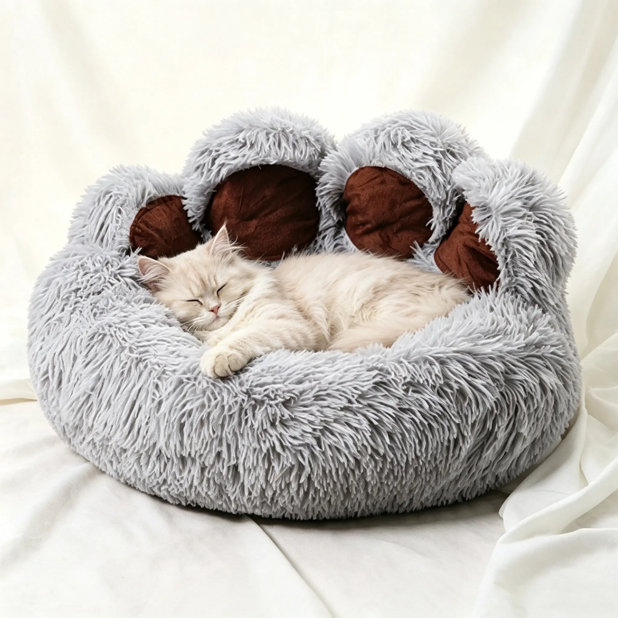 Adorable Bear Paw Design Plush Dog Bed, Soft Long Hair Comfortable Round Pet Nest, Non-Slip Base, Suitable for Small to Medium Dogs and Cats