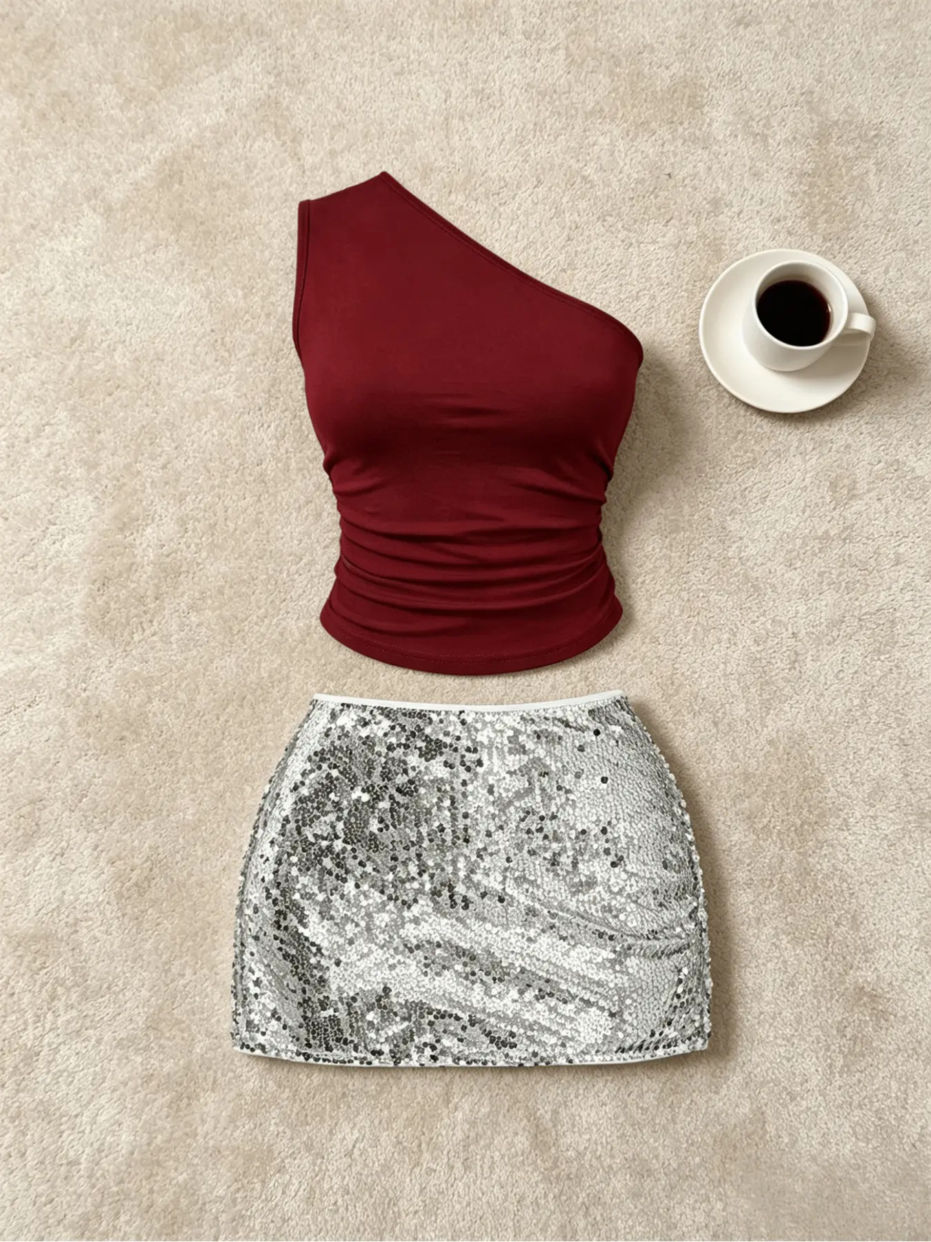 Women's One-Shoulder Sleeveless Top & Sequin Mini Skirt Set Clothes