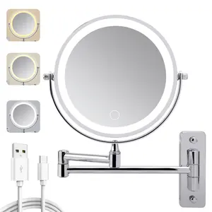 8 Inch Rechargeable Wall Mounted Makeup Mirror, Chrome Iron 1X/10X Double Sided Magnifying Vanity Mirror, 3 Color Touch Dimmable LED Light, 360° Swivel Extendable Arm Space Saving Bathroom Beauty Mirror