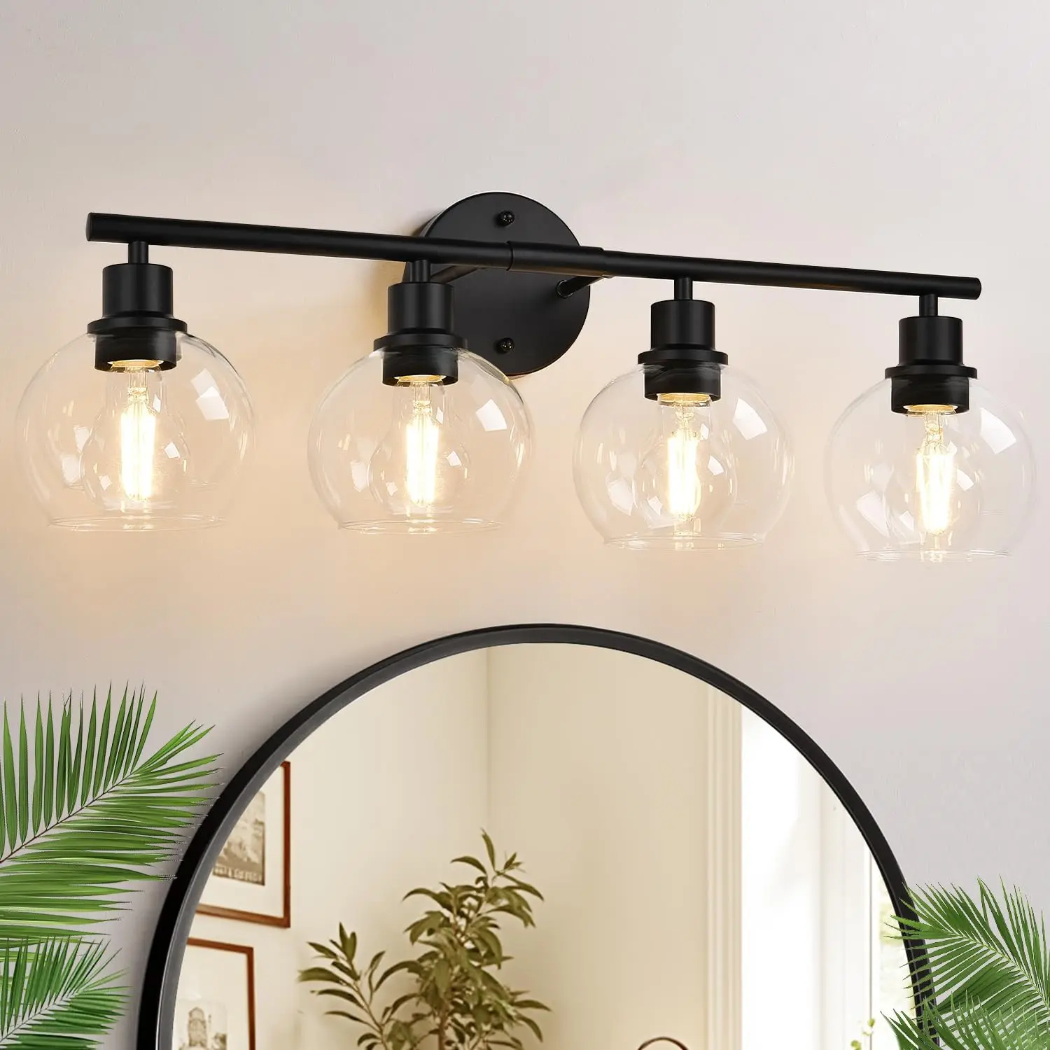 4-Light Bathroom Light Fixtures, Black Bathroom Lights Over Mirror with Clear Glass Globe Shade, Vanity Lights for Bathroom Kitchen Living Room Hallway Cabinet Bedroom Porch