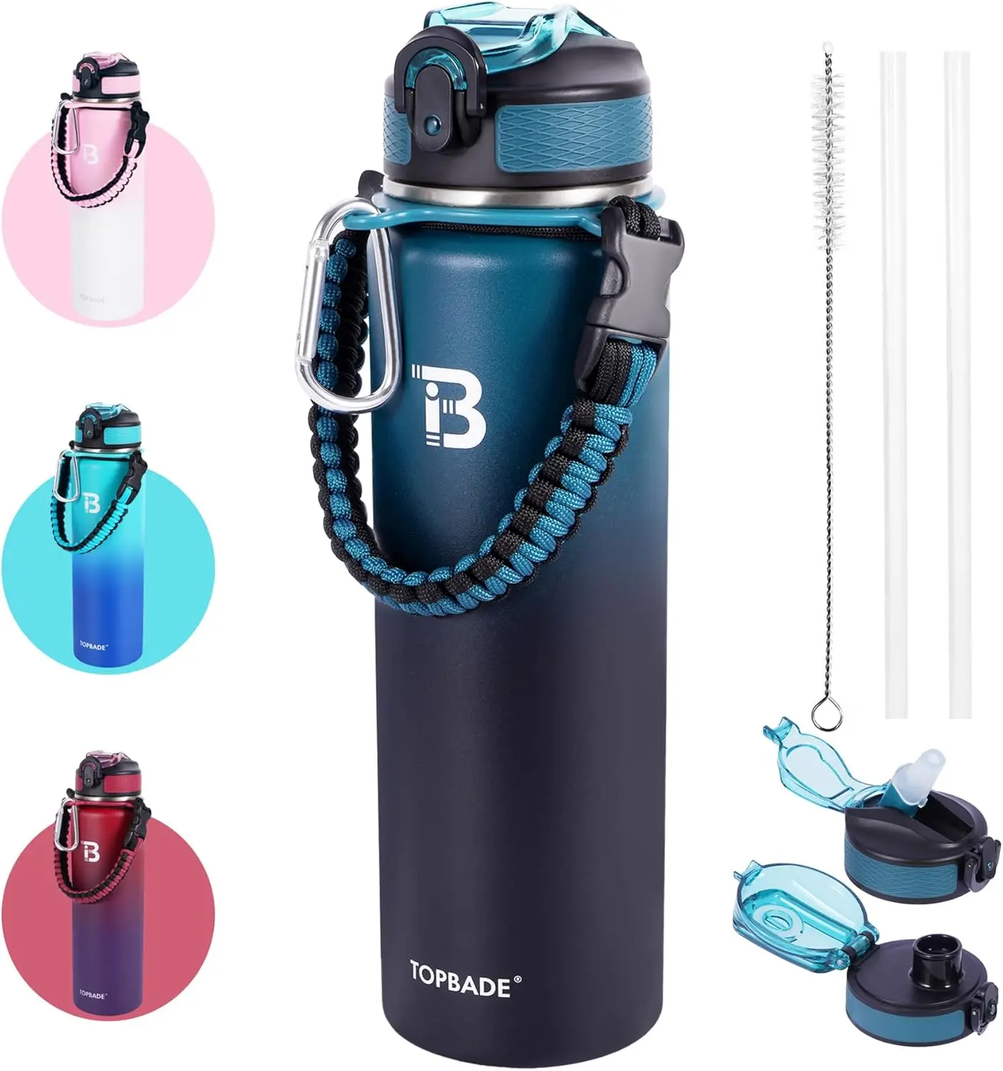 32oz Insulated Water Bottle for Men & Women, Stainless Steel Double-Wall with Wide Mouth, Includes Straw & Spout Lids and Paracord Handle