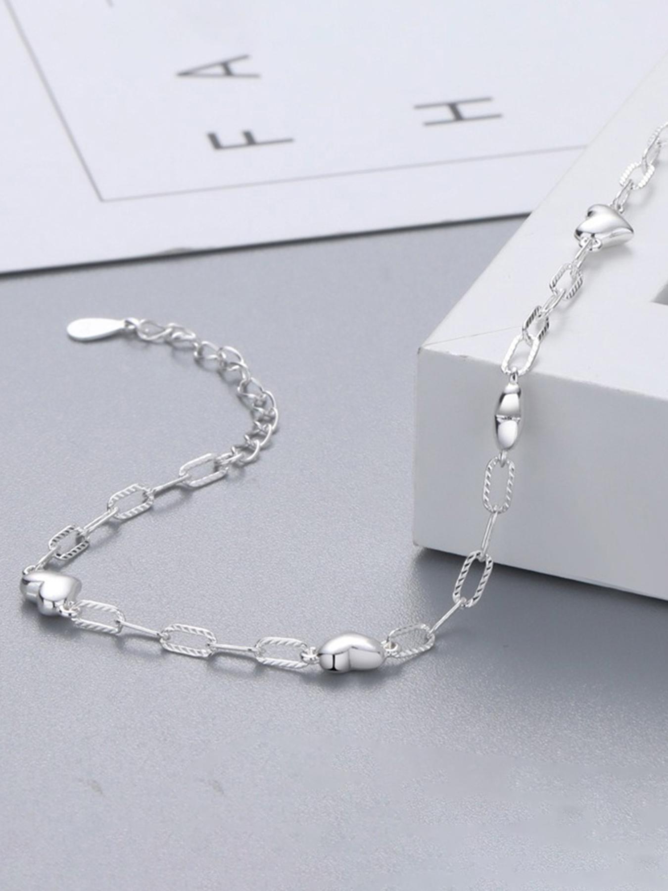 S925 Sterling Silver Simple Heart Design Chain Bracelet, Valentine's Gifts for Her, Silver Jewelry, Fashion Jewelry for Party, Daily Decor, Trendy All-match & Exquisite Jewelry for Birthday Gift, Gift Ready, Heart Shaped Bracelet, Heart Charm Bracelet
