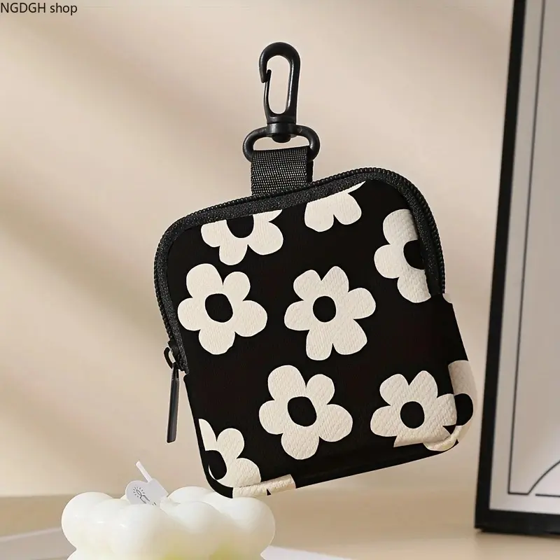 Floral Keychain Pouch for Women, Mini Black and White Fabric Coin Purse with Carabiner for Everyday Carry, Key Chain Purses
