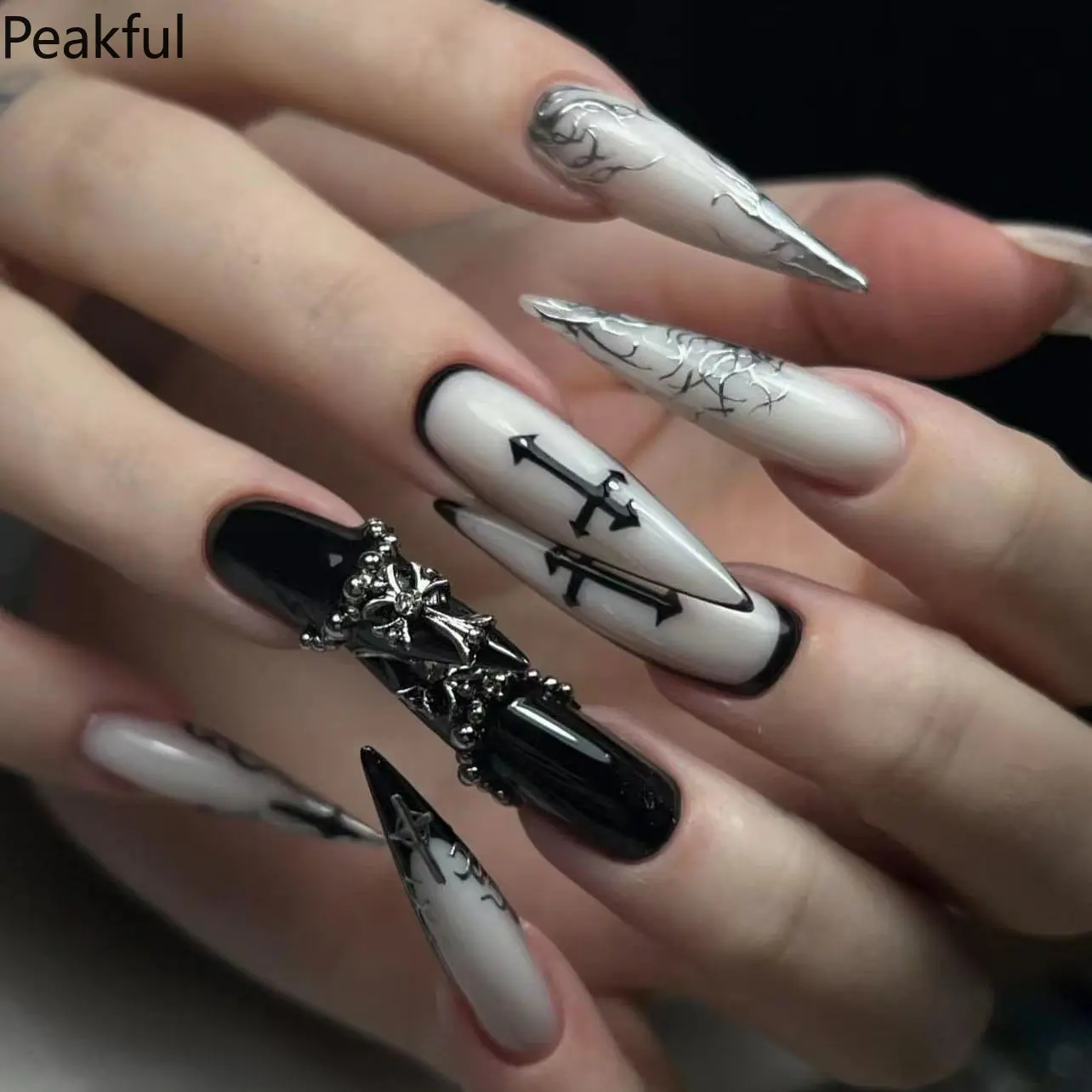 24Pcs Cool Spicy Dark Cross Press-On Nails for Women, Gothic Punk European Style Fake Nails with Rhinestone Studs, Edgy Matte Black & Metal Accents, Perfect for Parties, Festivals & Daily Street Style