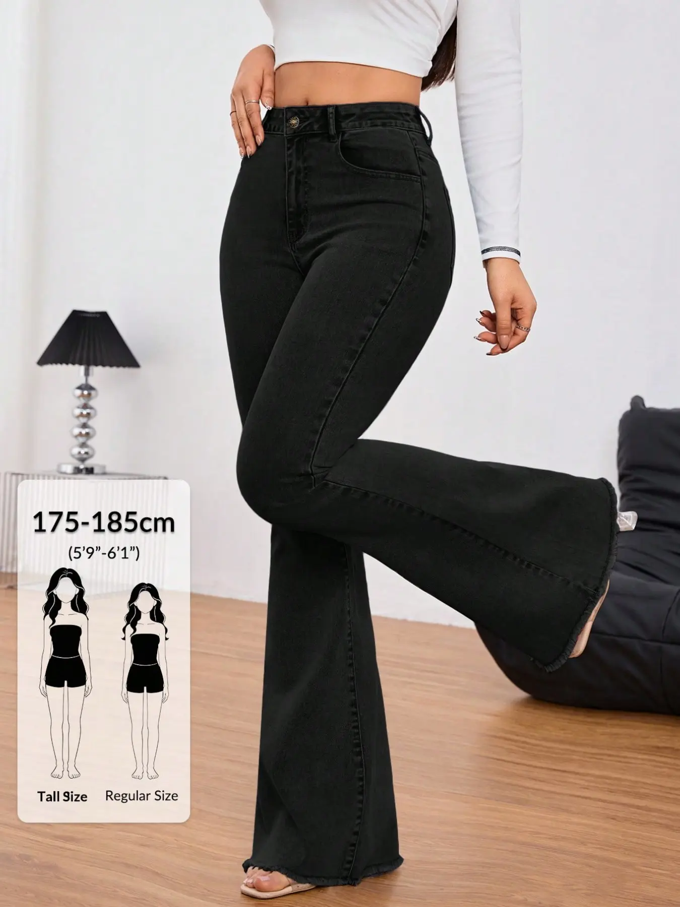 High Waist Flare Jeans for Tall Women, Elastic Hem Extended Micro Flare Denim Jeans, Y2K Style All Seasons Solid Pattern