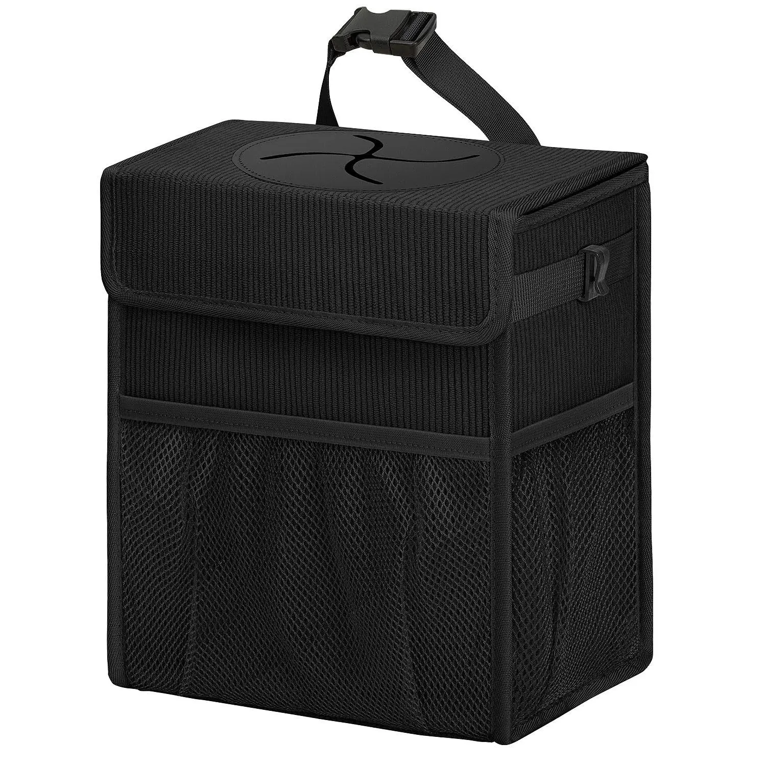 Corduroy  Trash Can with Lid and Mesh Pockets - Leakproof Organizer,Multipurpose  Garbage Can/Trash Bin for (Black-2 Gallons)