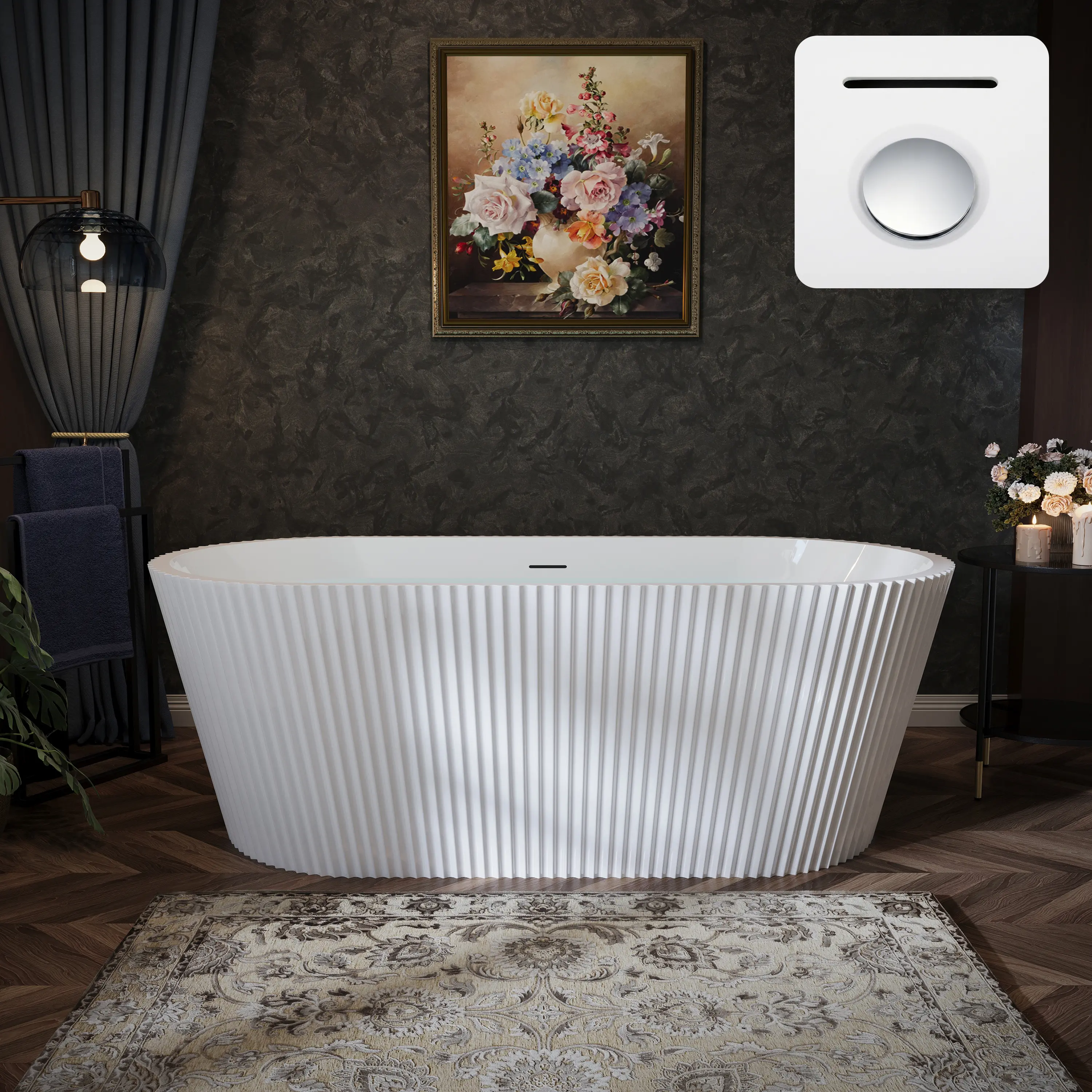 Nokaa 67 Inch Acrylic Freestanding Bathtub, Modern Deep Soaking Tub with Overflow & Chrome Pop-Up Drain, Fluted Oval Stand Alone Soaker Tub for Bathroom Remodel, Glossy White, 1100 lbs Capacity, Ergonomic Lumbar Support, Double-Walled Insulation