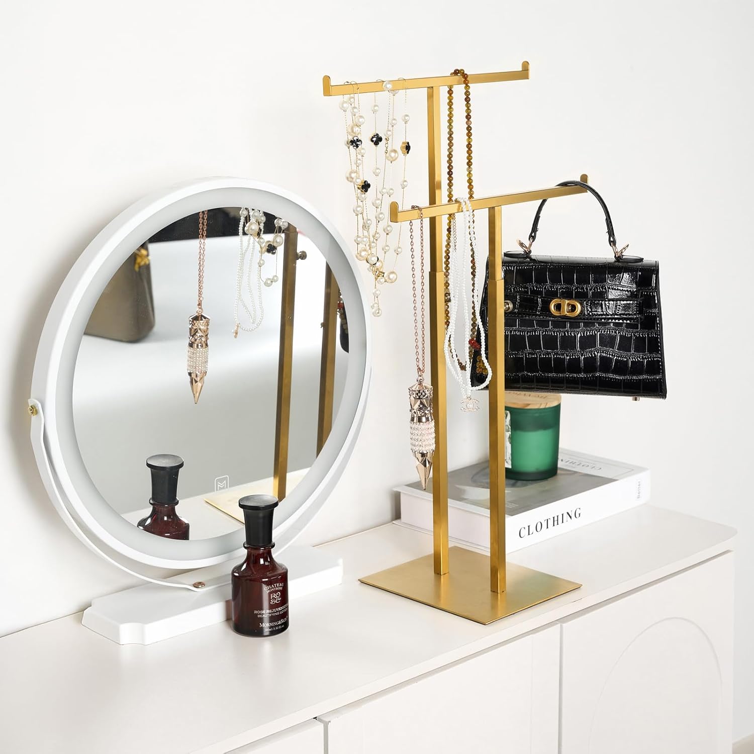 Purse Display Stand  Towers, Double T-Shaped Tabletop Stainless Steel Hook Hanging Adjustable Height Handbag Holder for Organizer Luxury Bags Necklaces Home Store Boutique Retail Closet