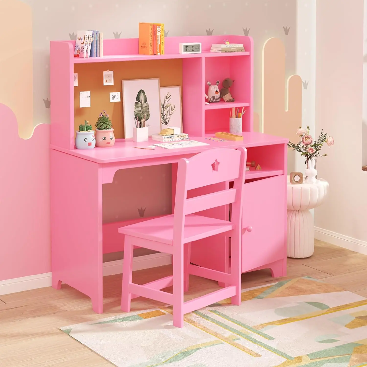 Kids Desk & Chair Set with Hutch, Storage Cabinet, Wooden Children Student Writing Table Computer Workstation for Kids Bedroom & Study Room