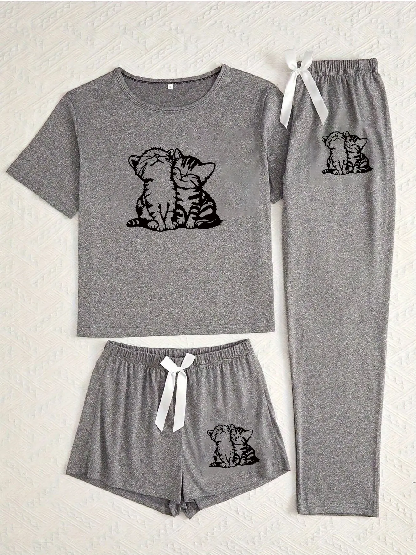 Three-Piece Pajama Set for Women, Cartoon Two Cats Print, Casual Loose-Fitting Sleepwear, All Seasons Comfortable Nightwear
