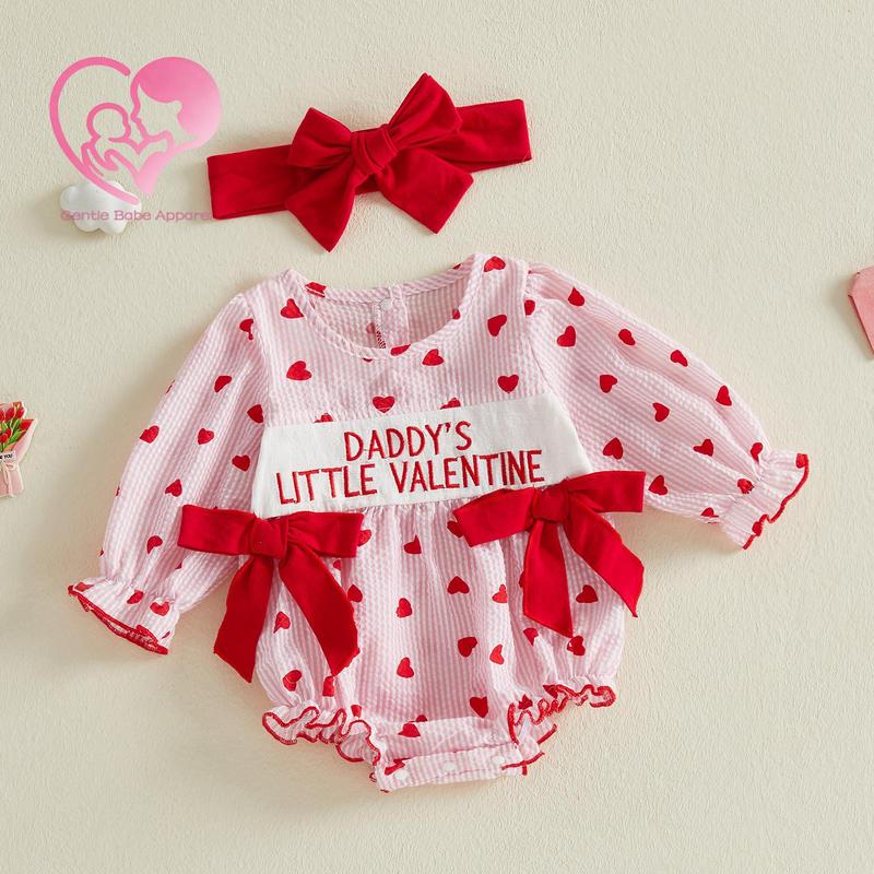 (90% Cotton) GBA Infant Baby Girl Valentines Day Outfit Long Sleeve Heart Letters Bow Romper with Hairband Spring Clothes 0-18 Months