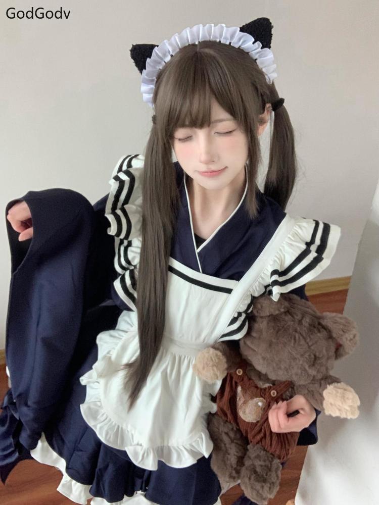 Spring Cosplay Lolita Woman Dress Elegant Bow Ruffle Design Navy Blue Cute Design Maid Dress Female Kawaii Chic Party Outfits
