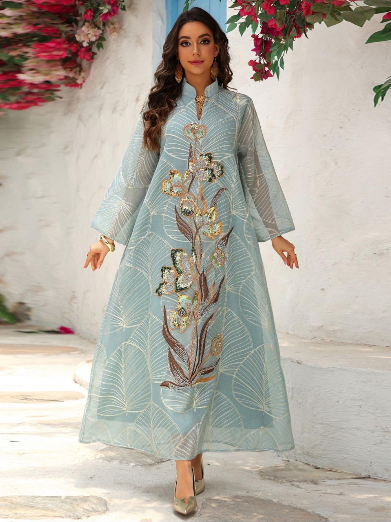 Traditional Style Women's Sequined Mesh Kaftan Dress, Long Evening Gown Abaya, Middle Eastern Fashion, Perfect for Special Occasions, Womenswear