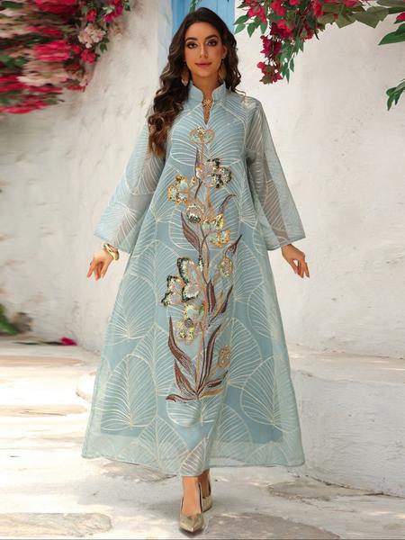 Traditional Style Women's Sequined Mesh Kaftan Dress, Long Evening Gown Abaya, Middle Eastern Fashion, Perfect for Special Occasions, Womenswear
